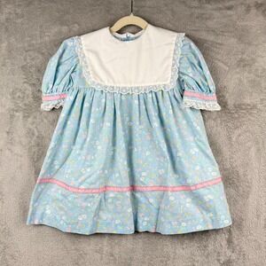 Handmade Easter Floral Prairie Dress Size 3T Blue Pink Trim Lace Collar VTG 90s